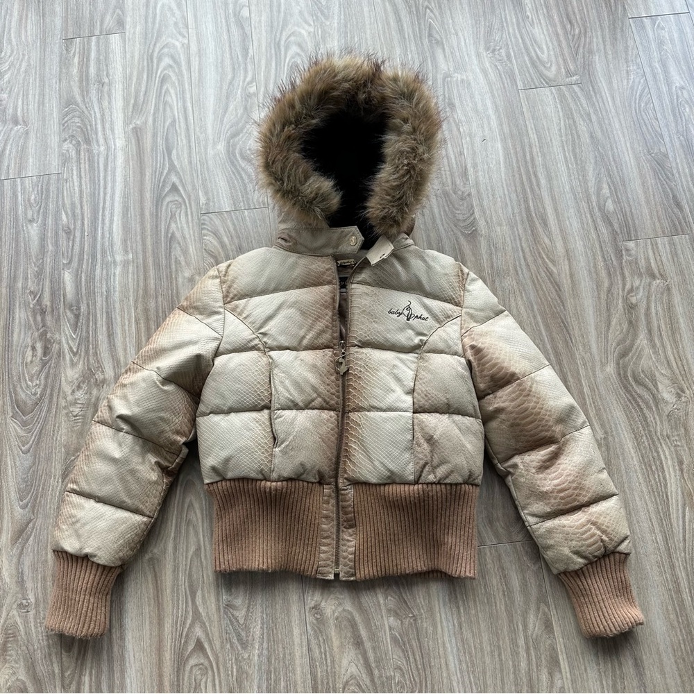 Vintage Baby Phat Women’s Fur Trimmed Hooded Genuine Leather Jacket Size Large